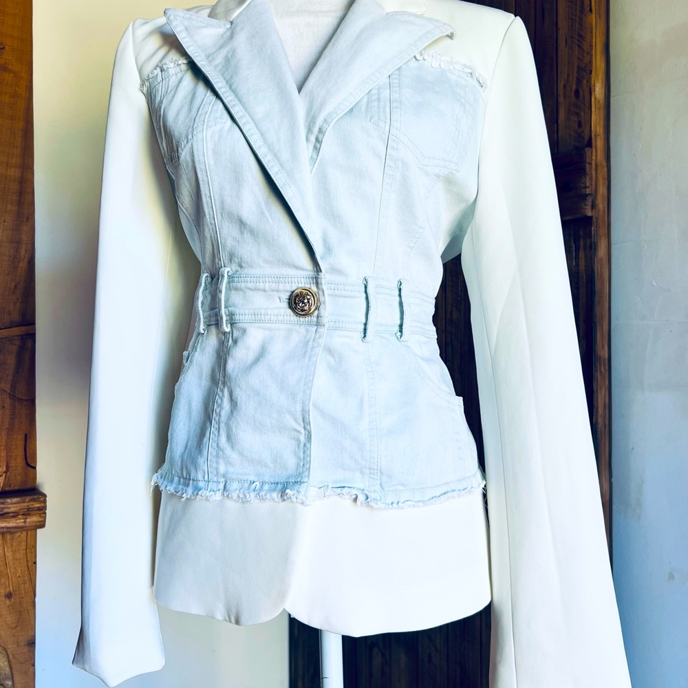 Unique “Patchwork” Style Fitted Pale Denim + White Blazer by Catwalk Connection